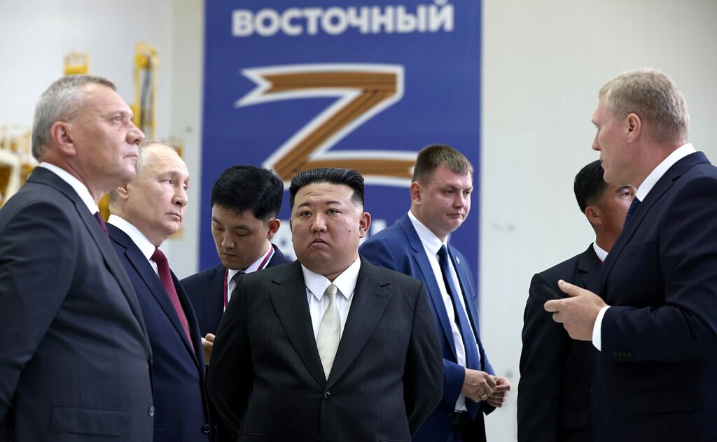 North Korea's leader Kim Jong Un, centre, with Russian President Vladimir Putin during a visit to the Vostochny spaceport in Russia in September 2023.
