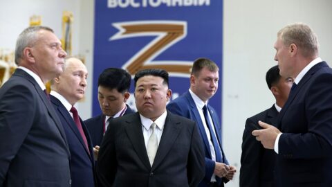 North Korea's leader Kim Jong Un, centre, with Russian President Vladimir Putin during a visit to the Vostochny spaceport in Russia in September 2023.