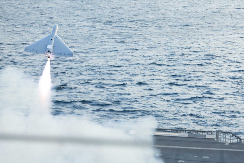A Low-cost Unmanned Combat Attack System (LUCAS) one-way attack drone launches from the flight deck of the USS Santa Barbara in the Arabian Gulf