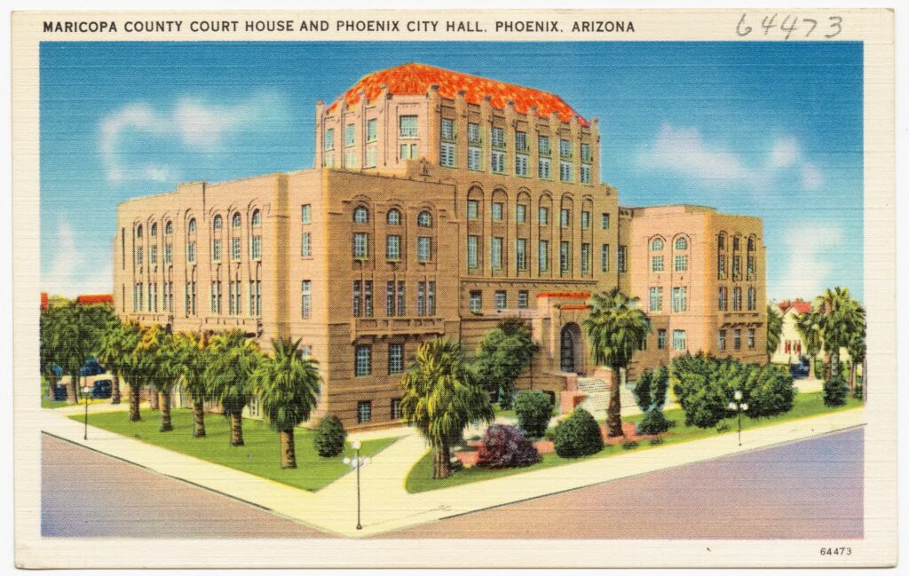 Historic postcard view of the Maricopa County Courthouse and Phoenix City Hall, Phoenix, Arizona
