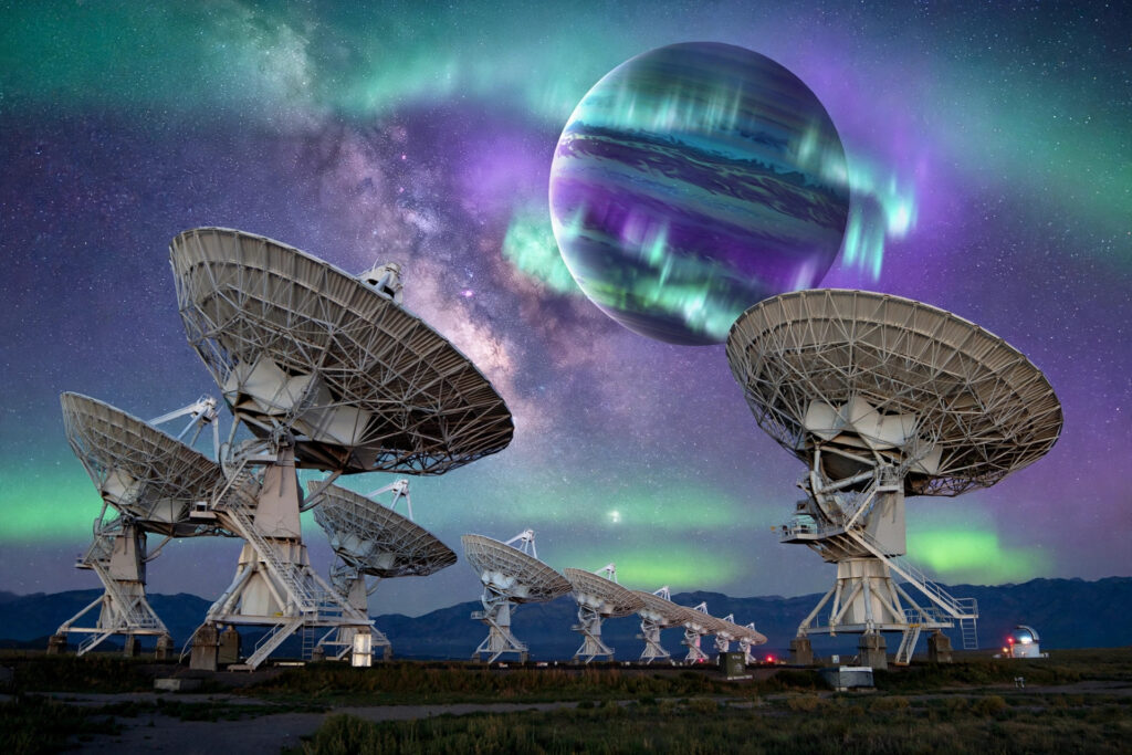 Radio telescope array under a starry sky with auroras glowing on a distant exoplanet