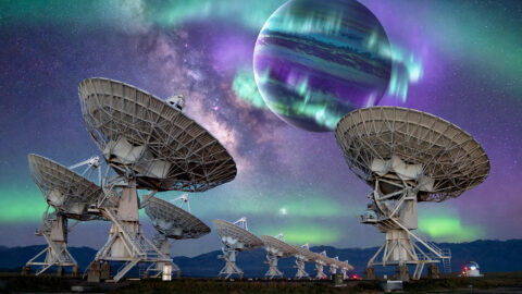 Radio telescope array under a starry sky with auroras glowing on a distant exoplanet