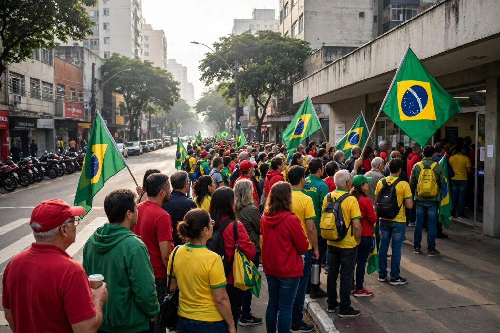 Voters queue outside a polling station in São Paulo, Brazil on election day