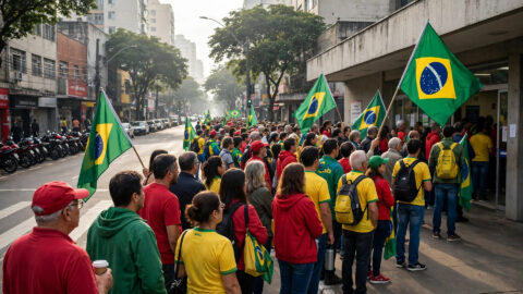 Voters queue outside a polling station in São Paulo, Brazil on election day