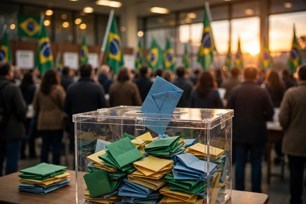 Brazilian ballot box with national flag colors amid a crowded election scene