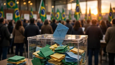 Brazilian ballot box with national flag colors amid a crowded election scene