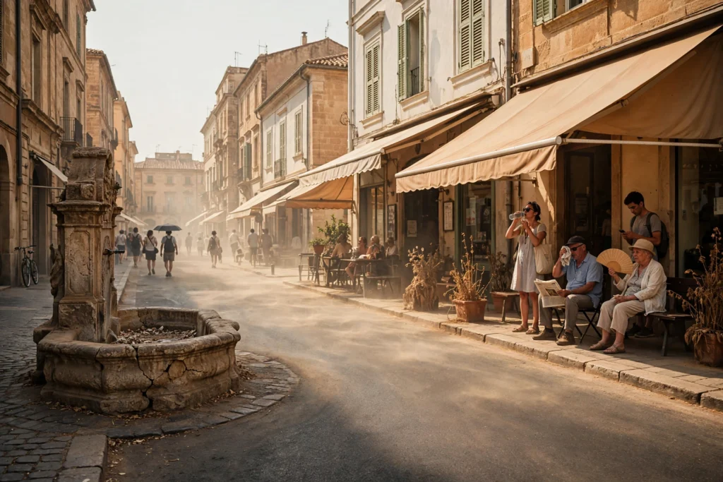 A heat-shimmered European landscape under a blazing summer sun, symbolizing the record heatwave of summer 2026.