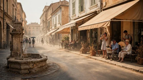 A heat-shimmered European landscape under a blazing summer sun, symbolizing the record heatwave of summer 2026.