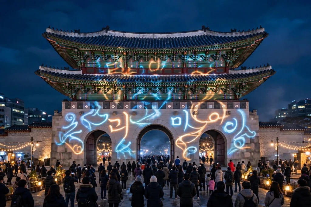 Gwanghwamun Gate in Seoul illuminated by a nighttime light show celebrating the Korean alphabet.