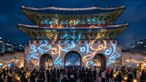 Gwanghwamun Gate in Seoul illuminated by a nighttime light show celebrating the Korean alphabet.