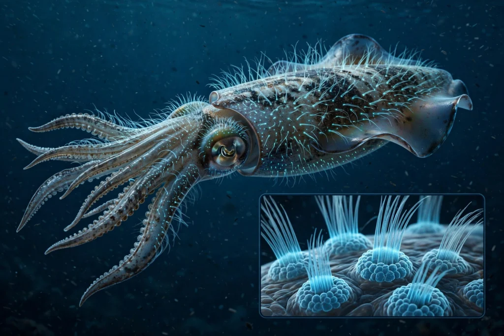 A squid swimming in dark ocean water, showing the sensitive lateral-line sensory system now mapped across its entire body.