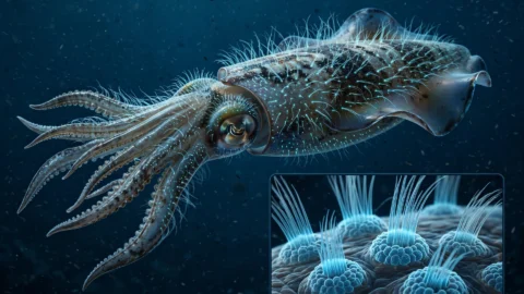 A squid swimming in dark ocean water, showing the sensitive lateral-line sensory system now mapped across its entire body.