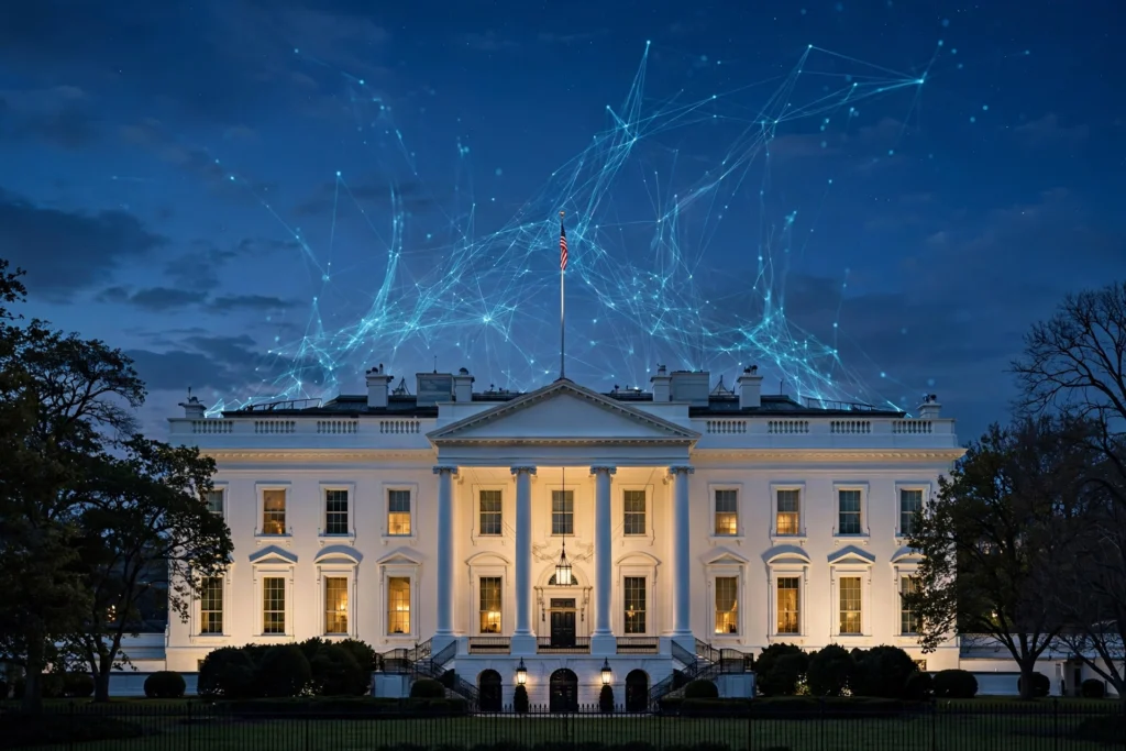 The White House at dusk, representing the new federal AI task force announced by President Trump.