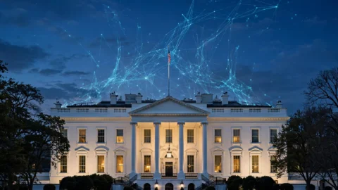 The White House at dusk, representing the new federal AI task force announced by President Trump.