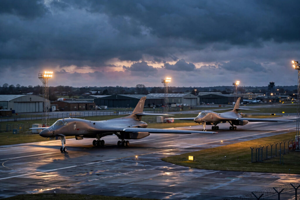B-1 bomber aircraft on the runway at RAF Fairford airbase in England