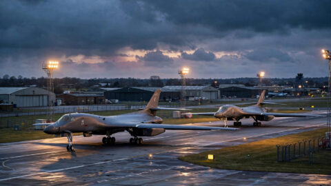B-1 bomber aircraft on the runway at RAF Fairford airbase in England
