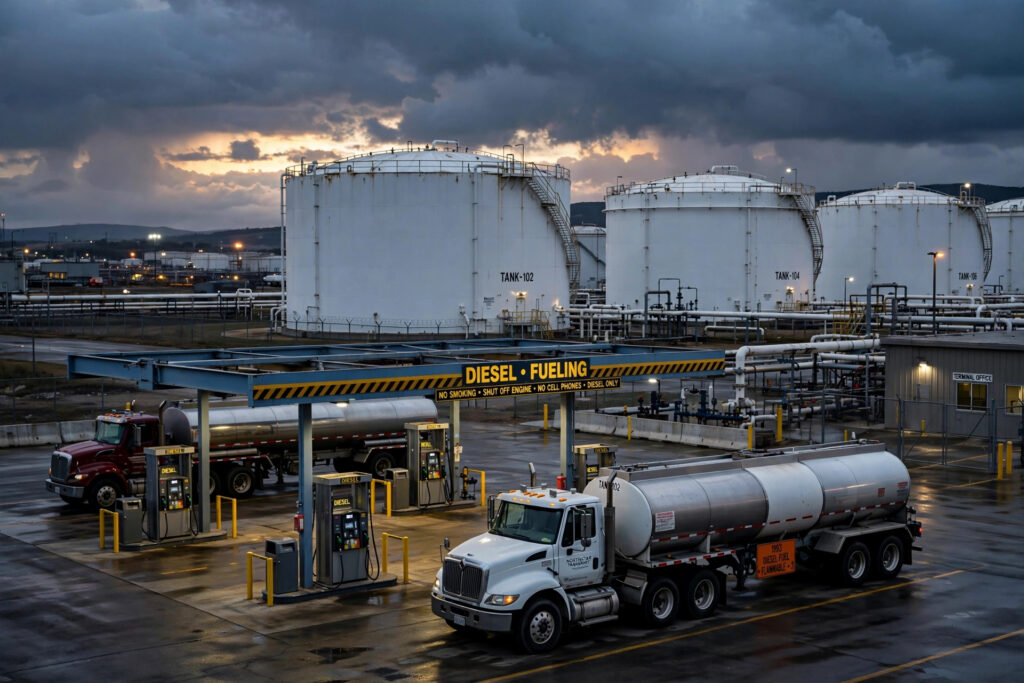 Petroleum storage tanks at a fuel terminal at dusk