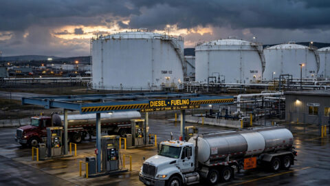 Petroleum storage tanks at a fuel terminal at dusk