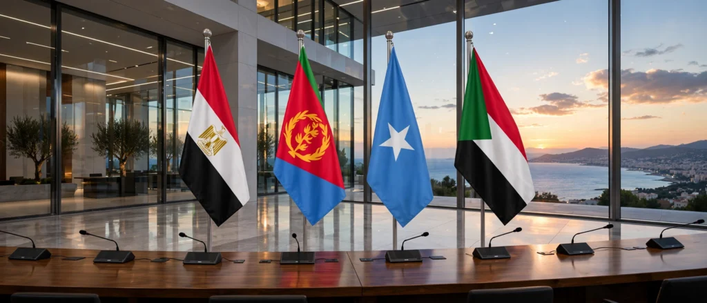 National flags of Egypt, Eritrea, Somalia and Sudan at a diplomatic summit overlooking the sea