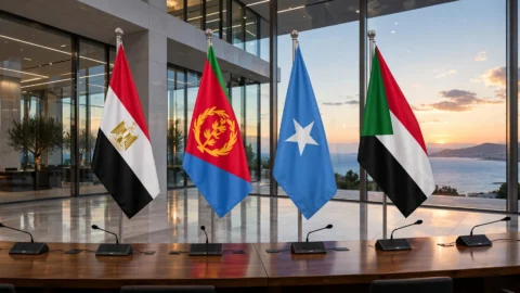 National flags of Egypt, Eritrea, Somalia and Sudan at a diplomatic summit overlooking the sea