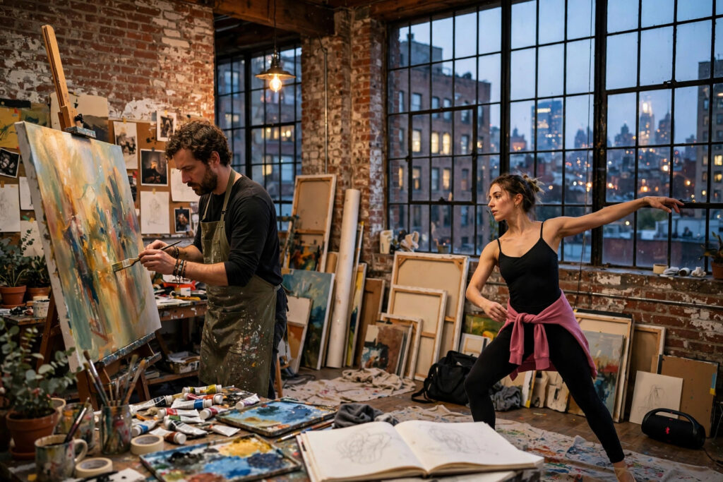 Artists working inside a New York City studio loft