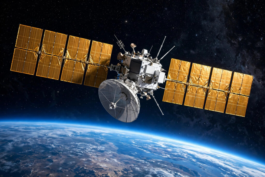 Satellite with solar panel arrays orbiting above Earth