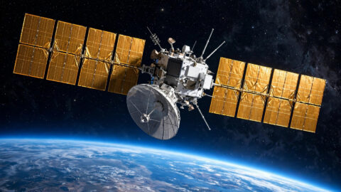 Satellite with solar panel arrays orbiting above Earth