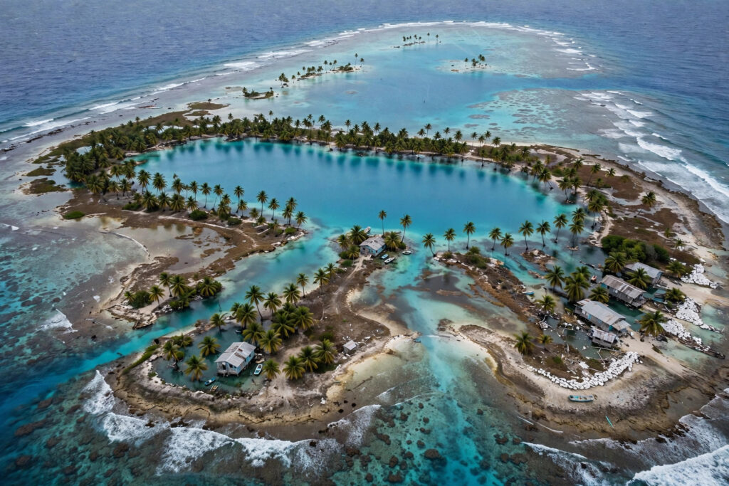 Aerial view of a Pacific coral atoll with rising seas threatening the shoreline