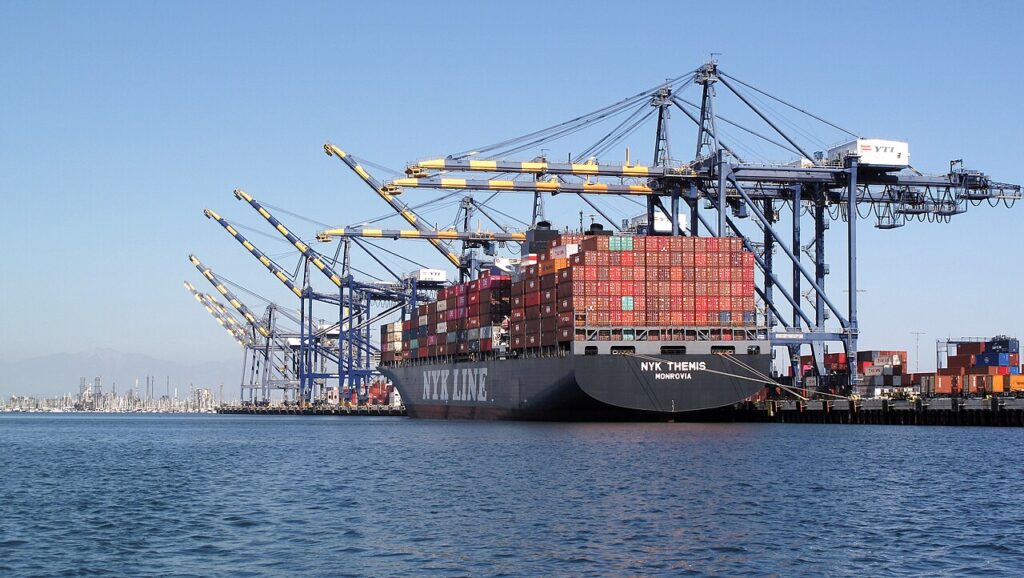 Container ship NYK Themis docked at the Port of Los Angeles