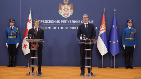 Serbian President Aleksandar Vučić at a joint press conference in Serbia