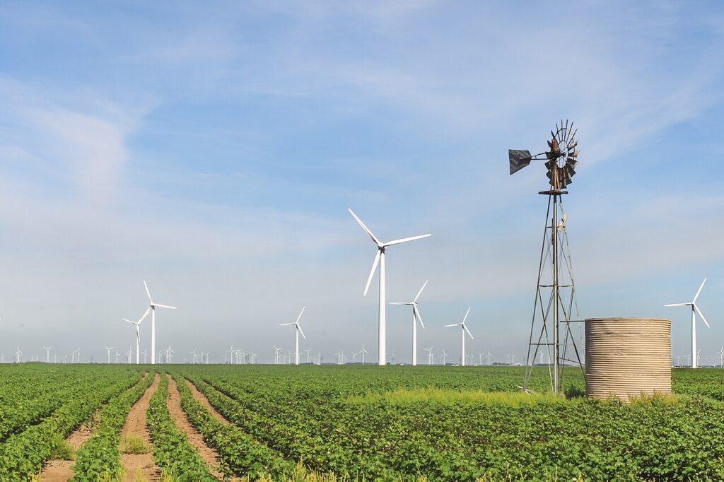 Wind turbines at a large wind farm.