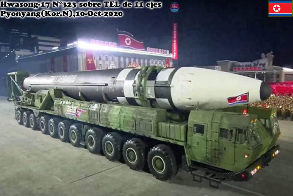 A North Korean Hwasong-17 intercontinental ballistic missile on its launcher during a military parade in Pyongyang in 2020.