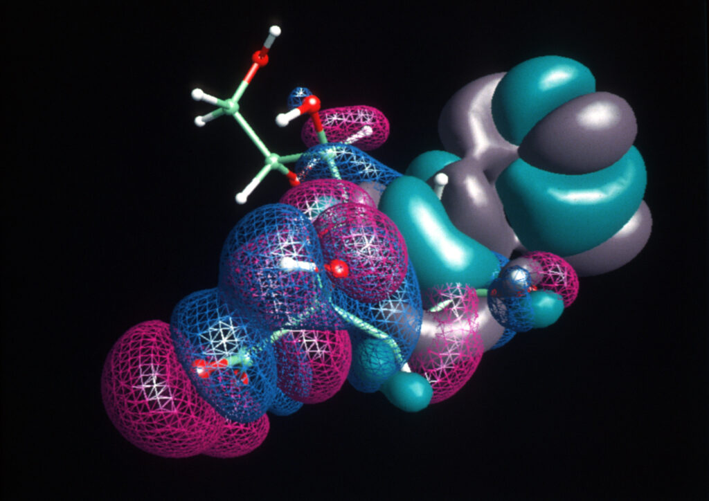 Colourful 3D molecular model of a chemical compound against a black background