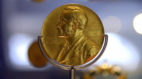 Gold Nobel Prize medal on a display stand