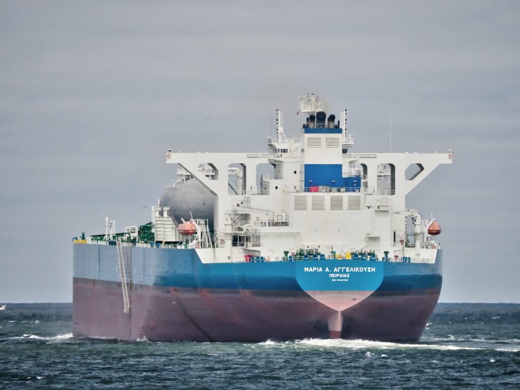 A crude oil tanker sailing at sea