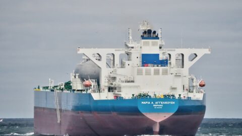 A crude oil tanker sailing at sea