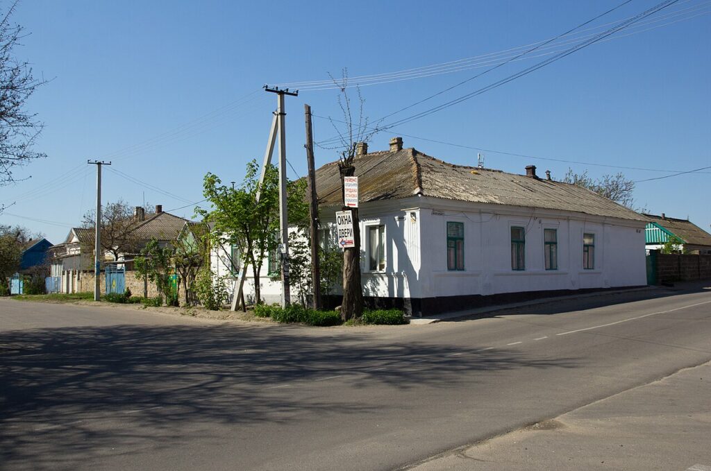 A quiet residential street in Oleshky, Ukraine, with single-storey houses under a clear sky.