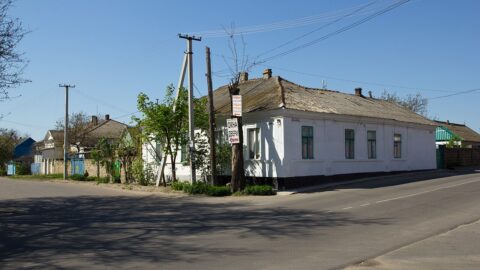 A quiet residential street in Oleshky, Ukraine, with single-storey houses under a clear sky.