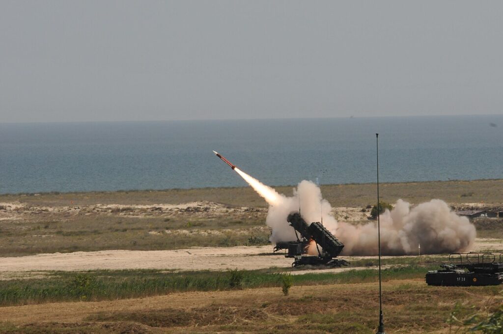 A Patriot missile system fires during a live-fire exercise.