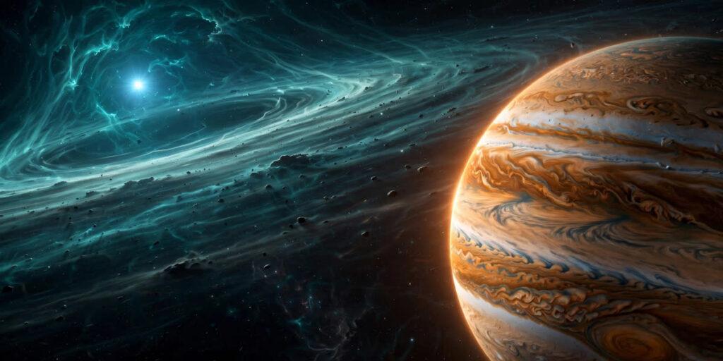 Artist's impression of a giant gas planet orbiting a white dwarf star surrounded by glowing stellar debris