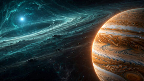 Artist's impression of a giant gas planet orbiting a white dwarf star surrounded by glowing stellar debris