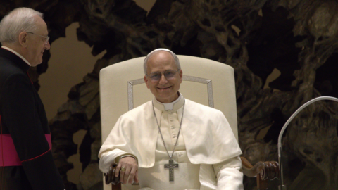 Pope Leo XIV during an audience with the media at the Vatican in May 2025.