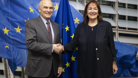 US ambassador to the EU Andrew Puzder shaking hands with European Commissioner Dubravka Suica in front of EU flags in Brussels.