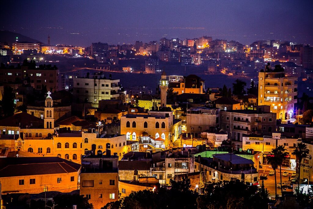 Old city of Ramallah in the West Bank, where Israeli forces raided NGO offices and the Palestine Medical Complex courtyard on October 13, 2026.
