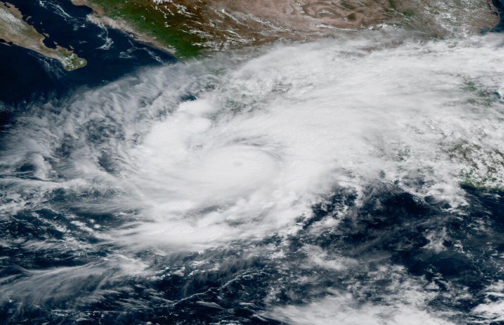 Satellite image of Hurricane Simon swirling off Mexico's Pacific coast on October 10, 2026