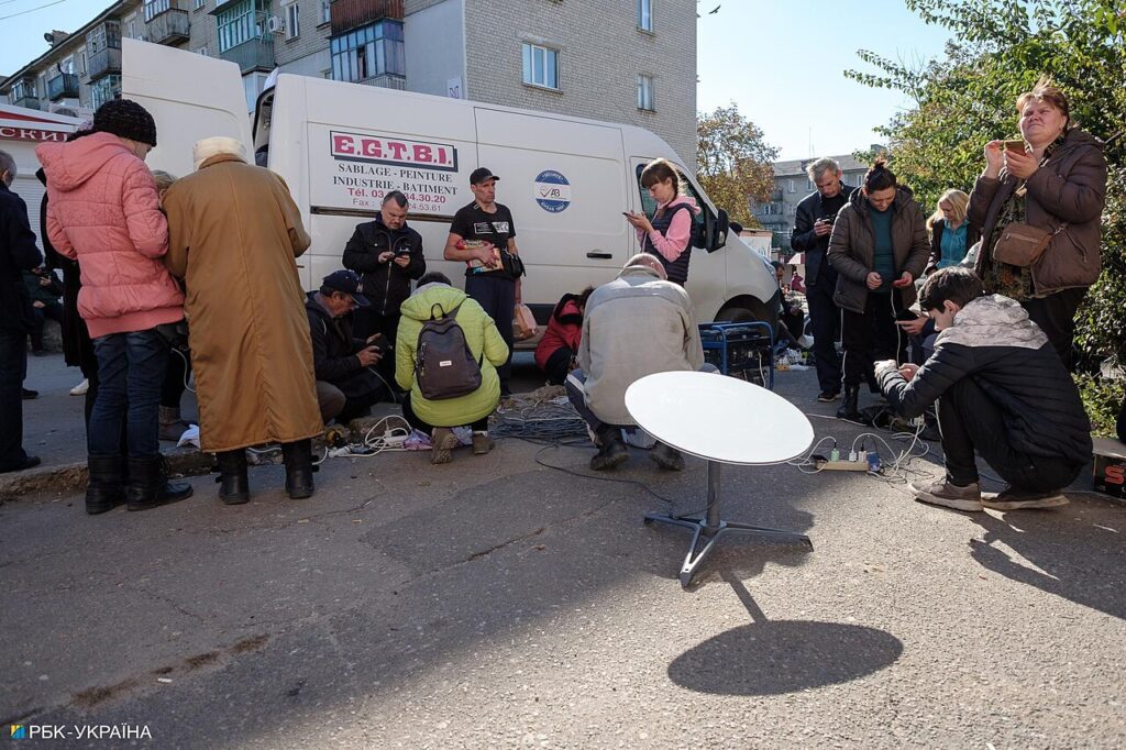 A Starlink satellite dish providing internet to residents in Kupiansk, Ukraine
