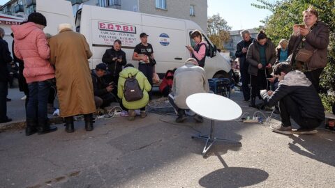 A Starlink satellite dish providing internet to residents in Kupiansk, Ukraine