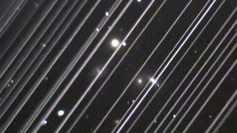 Starlink satellites leaving bright trails across the night sky