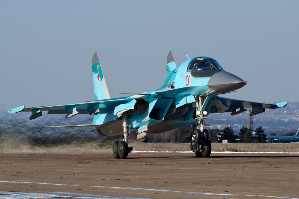 A Russian Sukhoi Su-34 fighter-bomber in flight.