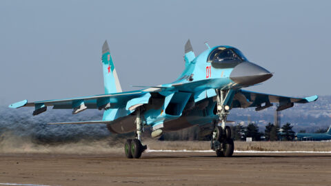 A Russian Sukhoi Su-34 fighter-bomber in flight.